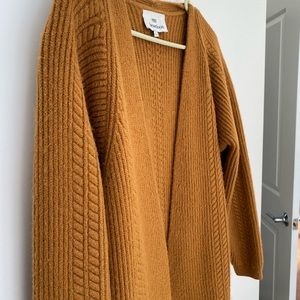 Camel color, knee length, wool cardigan by heartloom. Size L.